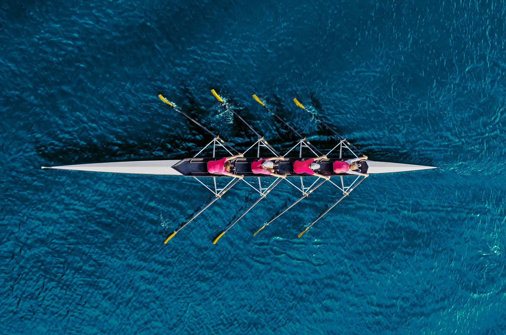 A rowing team navigates water working together as a team.